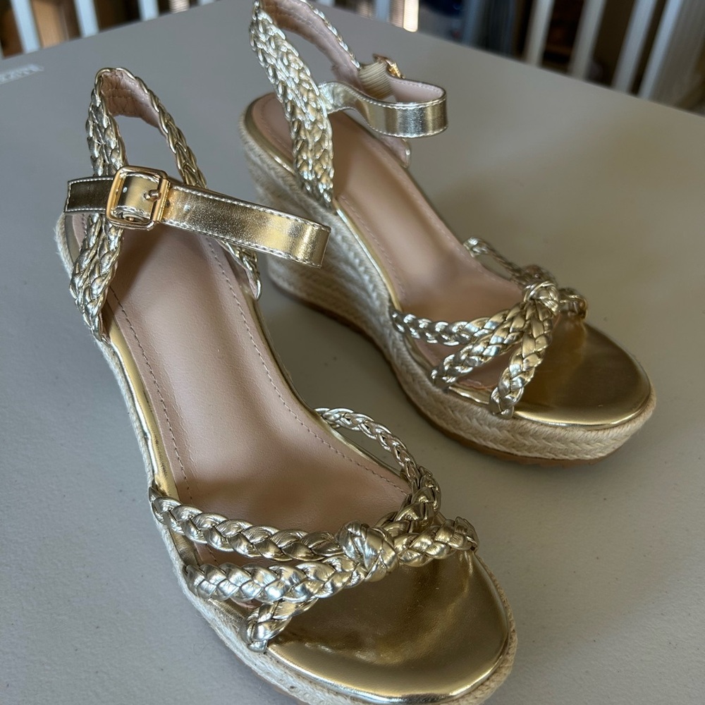 Gold Braided Wedge Sandals